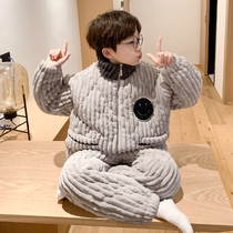 Boy sleepwear coral suede autumn winter thickened with three layers of clip cotton winter style Children boy 2023 new home clothes