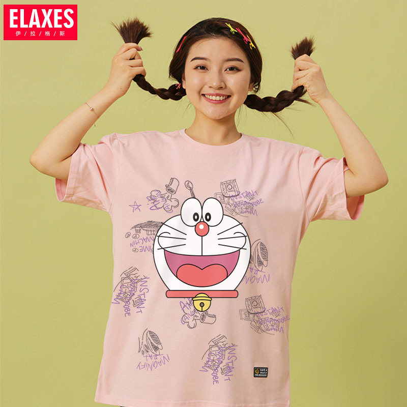 哆啦A梦联名短袖T恤女可爱慵懒风韩版宽松潮流纯棉闺蜜姐妹装夏装