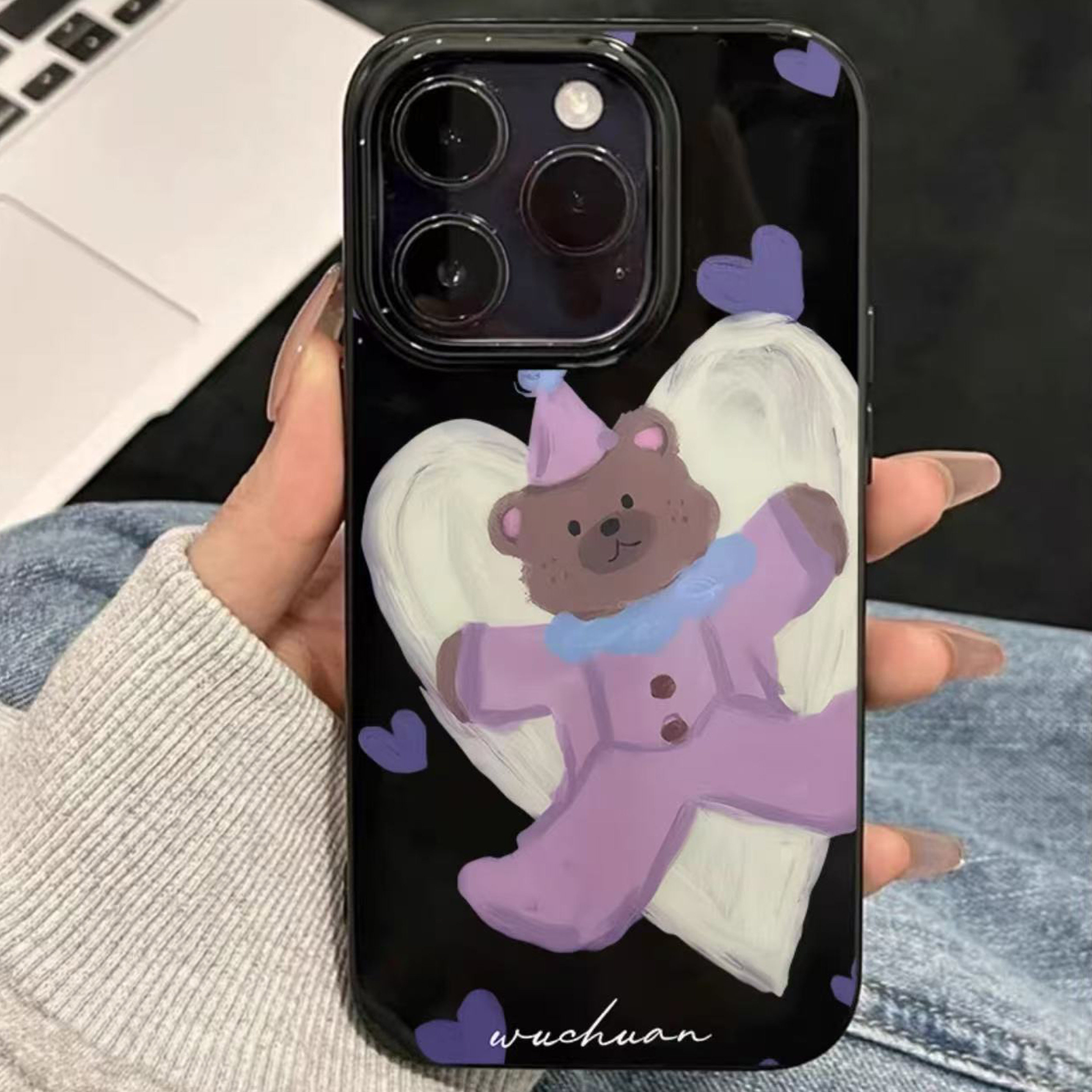 油画爱心小熊适用苹果16promax手机壳iphone14pro新款13趣味12可爱11保护套15promax全包防摔x硅胶xr软xsmax