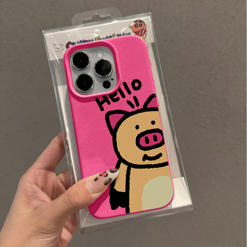 卡通可爱小猪适用苹果15promax手机壳iPhone14新款荔枝纹13趣味小众12个性皮质软壳15Pro防摔14pro保护套女款 - 图1