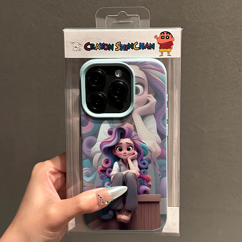 卷发女孩适用苹果15promax手机壳iPhone16pro新款荔枝纹13趣味小众12个性卡通皮质软壳11防摔14pro保护套女款 - 图0