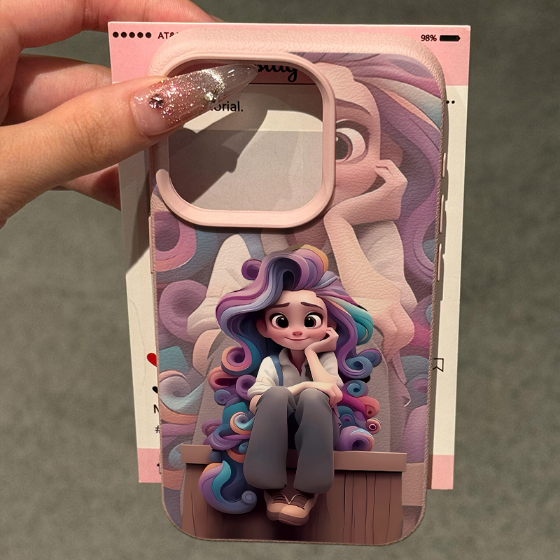 卷发女孩适用苹果15promax手机壳iPhone16pro新款荔枝纹13趣味小众12个性卡通皮质软壳11防摔14pro保护套女款 - 图1