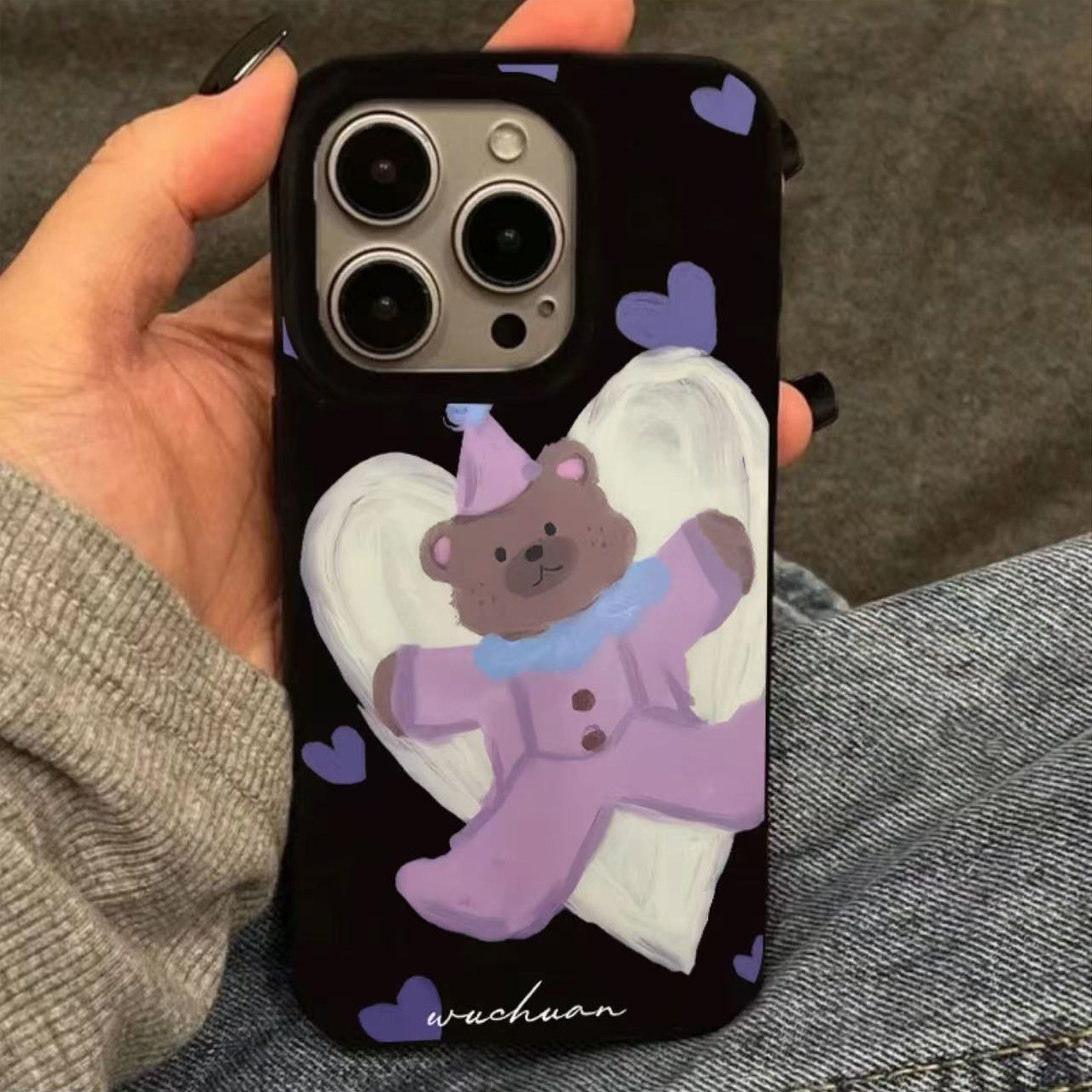 油画爱心小熊适用苹果16promax手机壳iphone14pro新款13趣味12可爱11保护套15promax全包防摔x硅胶xr软xsmax