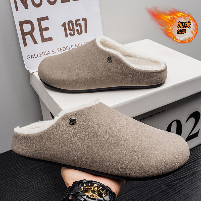 NASA AQAE联盟勃肯棉男冬季防滑保暖加绒懒人一脚蹬高质量棉拖鞋