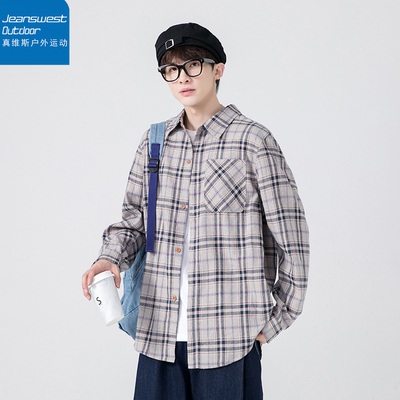 真维斯户外运动美式复古磨毛格子长袖衬衫百搭宽松寸衣情侣款外套