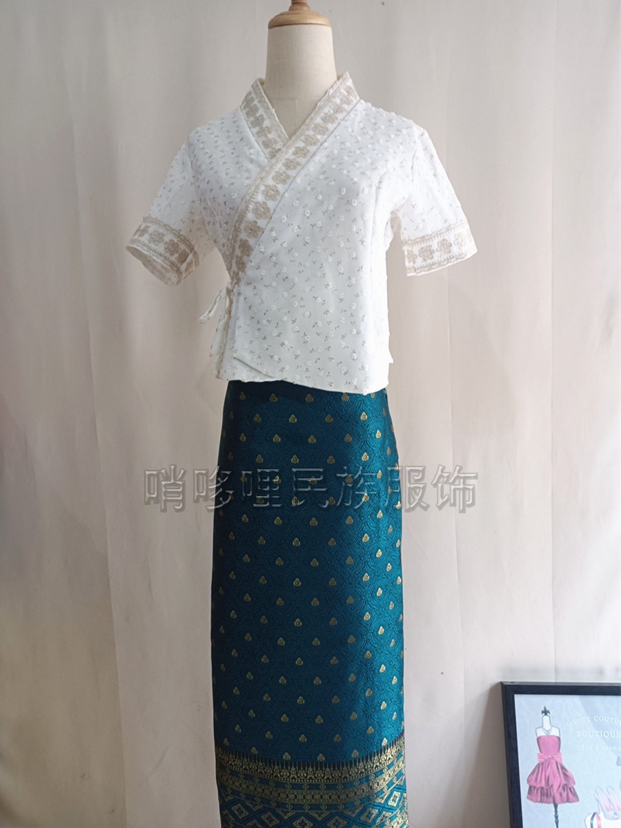 夏季新款傣族女装V领短袖上衣长裙套装雪纺蕾丝透气显瘦民族风情-图1