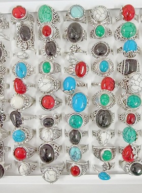 欧美复古风几何型松石戒指镀古银色绿松石女食指指环外贸现货饰品