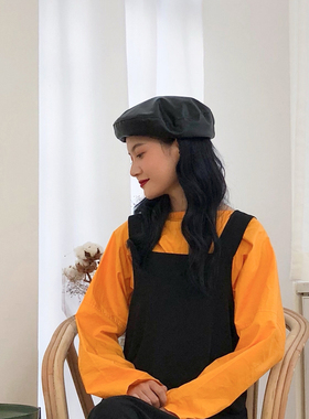 pu皮黑色贝雷帽女春夏韩版ins
