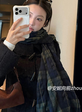 复古感蓝绿格纹围巾女