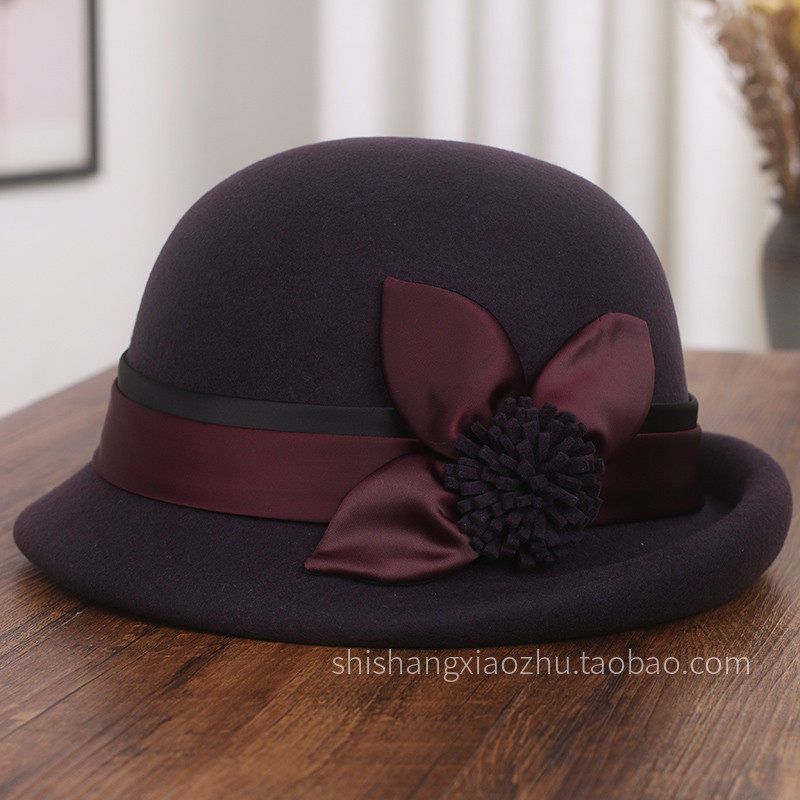 秋冬新款纯羊毛卷边礼帽女士优雅复古毛呢盆帽时尚花朵保暖渔夫帽,淘宝优惠券,粉丝福利购,淘宝优惠卷