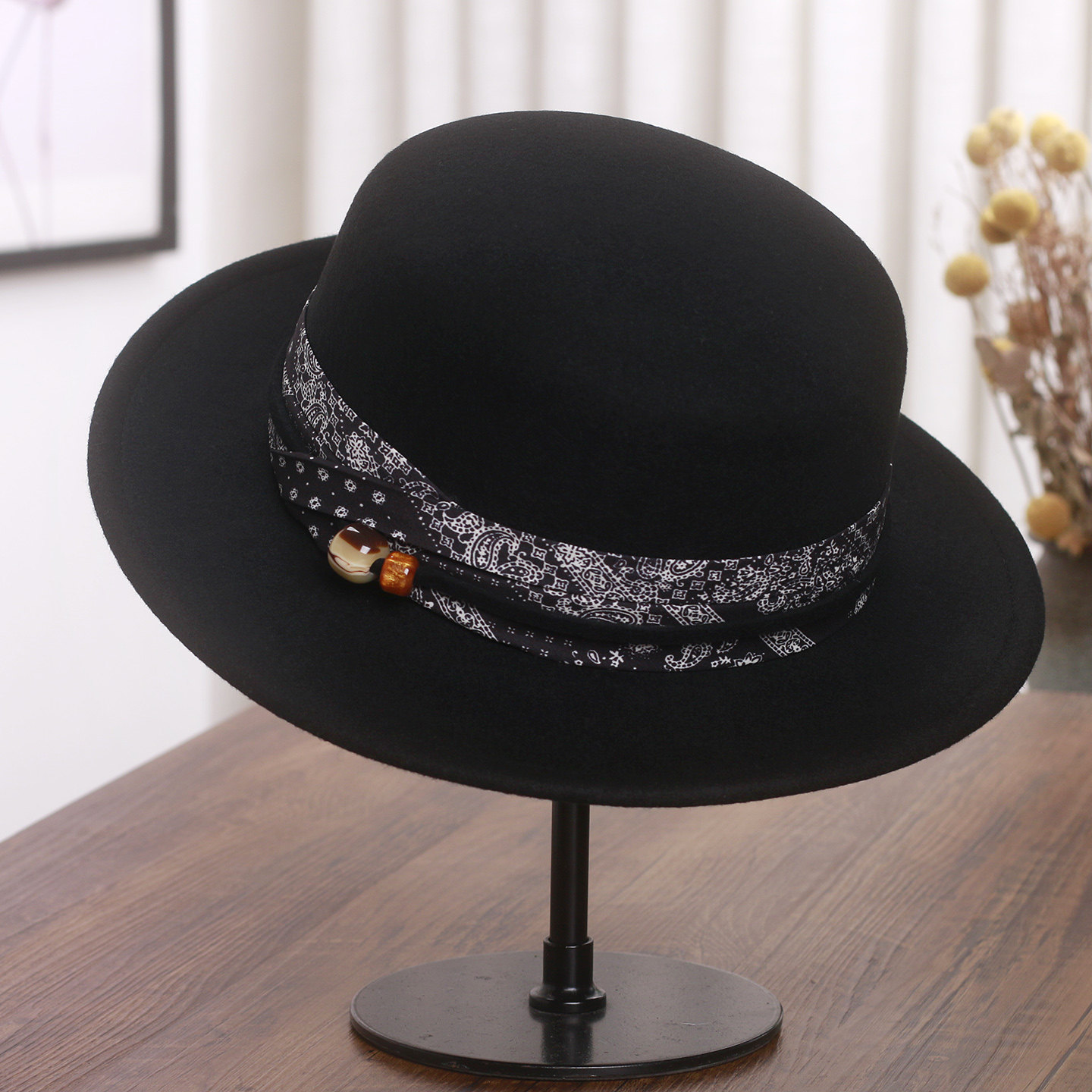 秋冬新款法式羊毛呢平顶帽子女英伦复古爵士帽时尚百搭平檐礼帽潮,淘宝优惠券,粉丝福利购,淘宝优惠卷