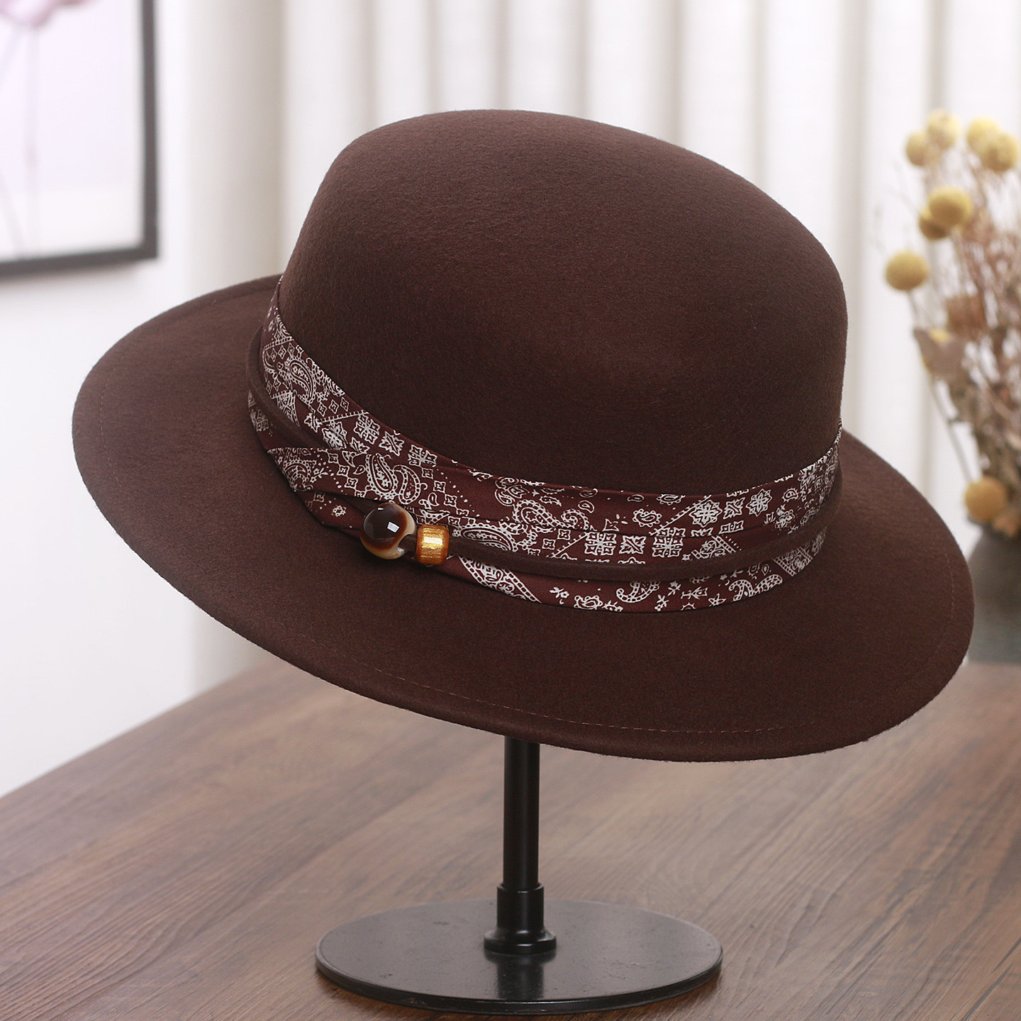 秋冬新款法式羊毛呢平顶帽子女英伦复古爵士帽时尚百搭平檐礼帽潮,淘宝优惠券,粉丝福利购,淘宝优惠卷