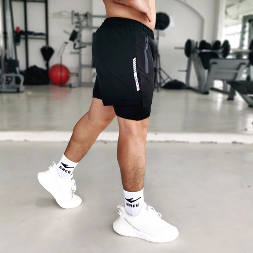 锦纶跑步弹力速干运动短裤男士假两件健身短裤双层紧身训练三分裤 - 图2