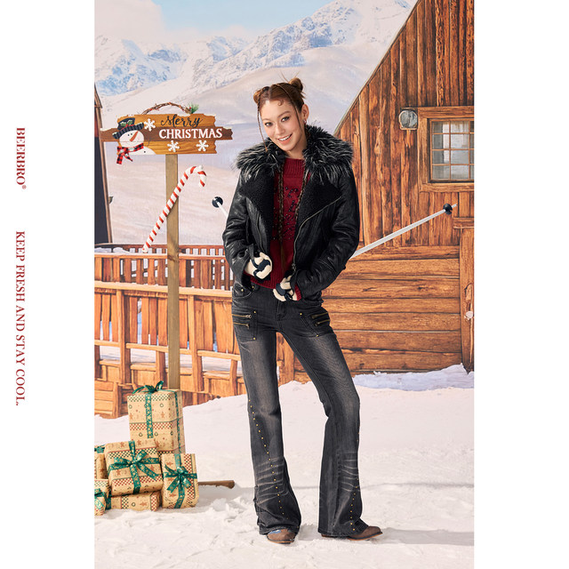 BeerBro Rebellious Holiday really Wearable versatile American Hot Girl ອຸດສາຫະກໍາຫນັກ Studded Slim Boot Jeans