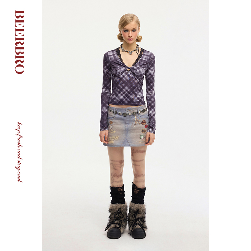 BeerBro 美式辣妹收腰修身扭结V领针织衫女春秋蕾丝格子长袖上衣 - 图2