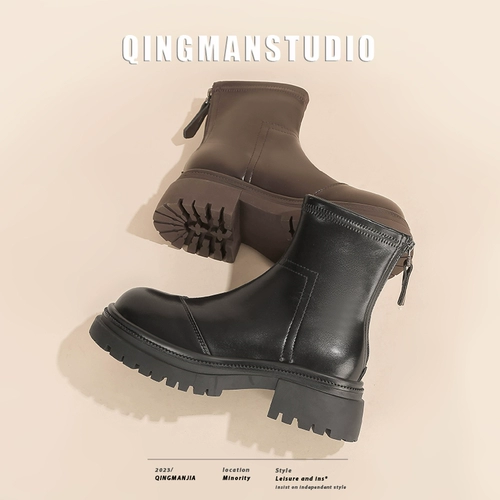 Martens, зимние эластичные короткие сапоги в английском стиле, из натуральной кожи