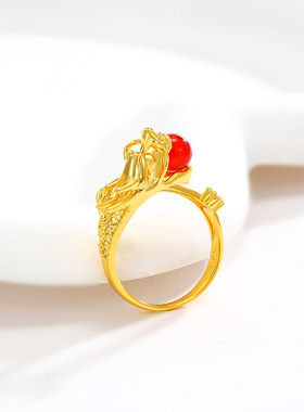 旭平首饰祥龙戏珠仿红玛瑙镶锆男士龙戒指 镀24K金色霸气龙戒指环