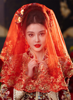 红盖头新娘中式秀禾服结婚礼服头饰半透明新款感婚礼红色头纱