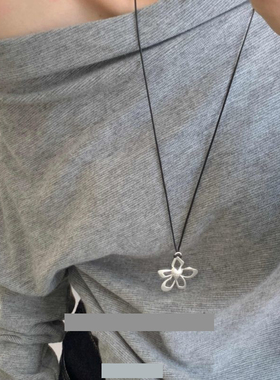 韩国ins博主镂空花朵黑绳抽拉可调节项链简约百搭简约气质长款链