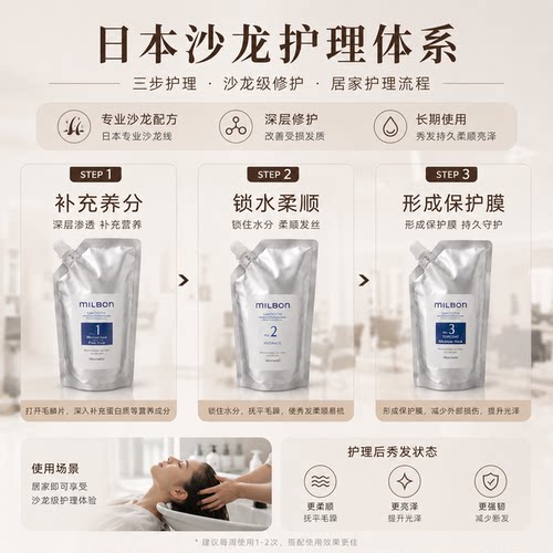 丝欣玫丽盼全球化milbon沙龙护理修护发膜smooth包邮正品三部曲 - 图2
