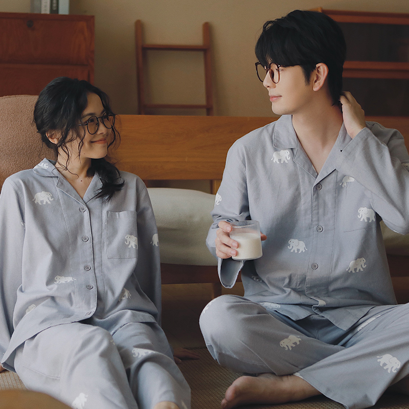 小象公园 |纯棉磨毛男女士情侣简约春秋冬长袖长裤睡衣家居服套装 - 图1