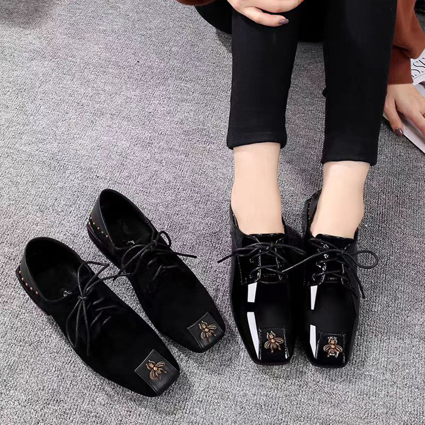 欧美2025新款粗跟深口单鞋女方头平底英伦小皮鞋系带漆皮穆勒鞋子,淘宝优惠券,粉丝福利购,淘宝优惠卷