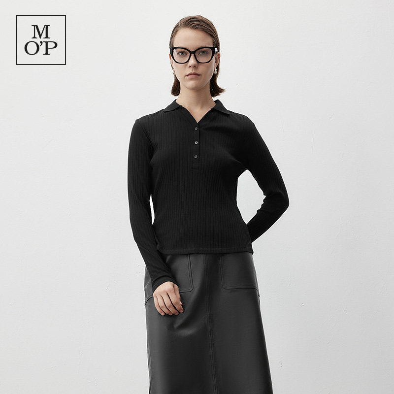 Marc O'Polo/MOP 春季新款时尚V领修身显瘦坑条针织长袖Polo衫女,淘宝优惠券,粉丝福利购,淘宝优惠卷