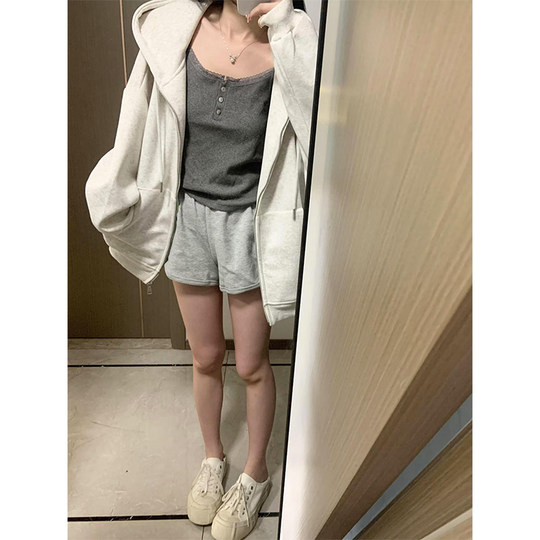 American style oversize hooded zipper fleece sweatshirt for women