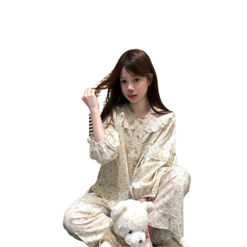 甜美碎花娃娃领蕾丝边长袖睡衣女秋冬季公主风重工宽松家居服套装,淘宝优惠券,粉丝福利购,淘宝优惠卷