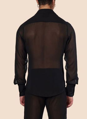 2023夏季薄款欧美男士性感透视长袖衬衫黑色夜场演出服Men shirts