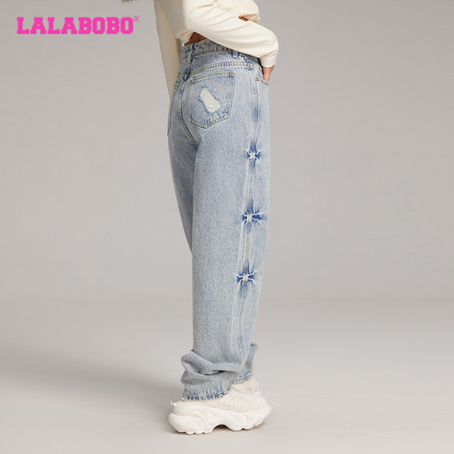【商场同款】LALABOBO24年早秋显瘦长裤女水洗做旧新款宽松牛仔裤 - 图1
