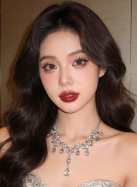 新款超闪水晶粉色水滴流苏项链轻奢小众设计感高级爆款网红颈链