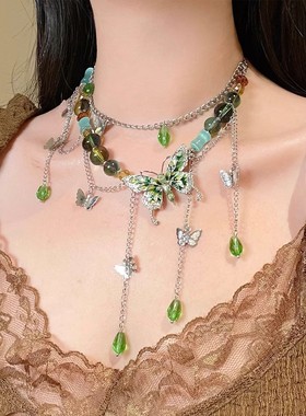 甜酷多层彩色玻璃串珠重工绿色蝴蝶项链设计感长款水晶流苏锁骨链