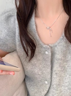 银色丝带蝴蝶结吊坠项链女高级毛衣链2024爆款轻奢小众锁骨链配饰