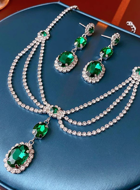 镶钻多层颈链欧美复古风祖母绿水滴锆石项链耳环女锁骨链网红