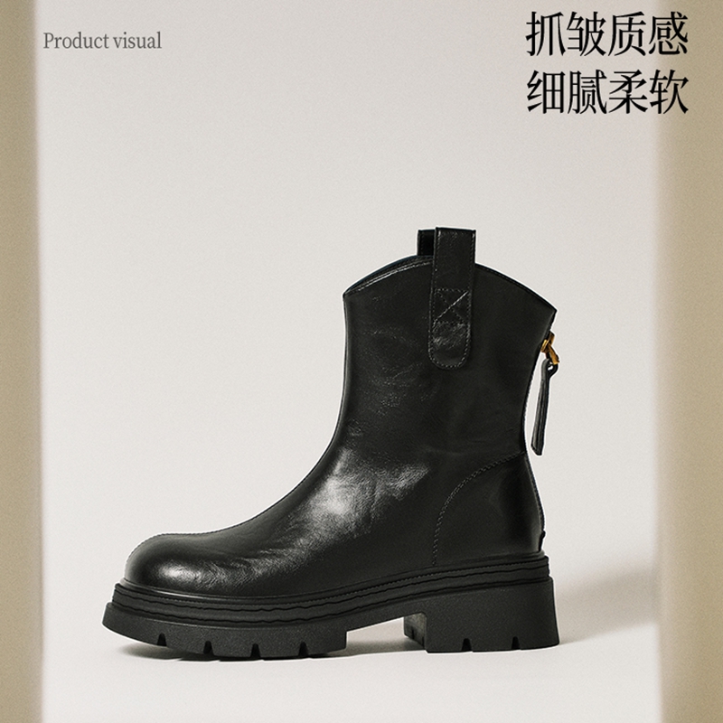 百丽2025冬季新款复古加绒弹力马丁靴厚底粗跟显瘦瘦靴短靴子E5E1 - 图3