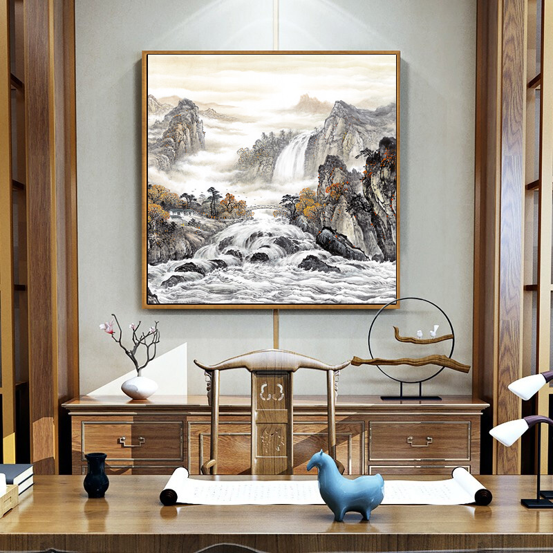 山水画客厅挂画办公室背景墙装饰画高山流水玄关招财中式风景壁画