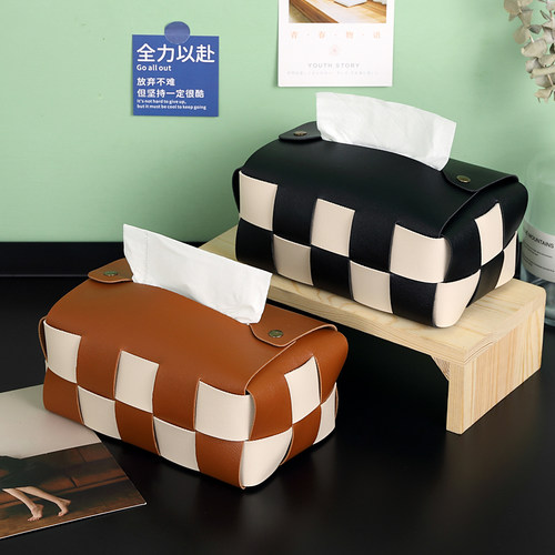 棋盘格高档黑白纸巾盒客厅轻奢餐桌抽纸盒美式皮革纸抽盒摆件纸盒 - 图2