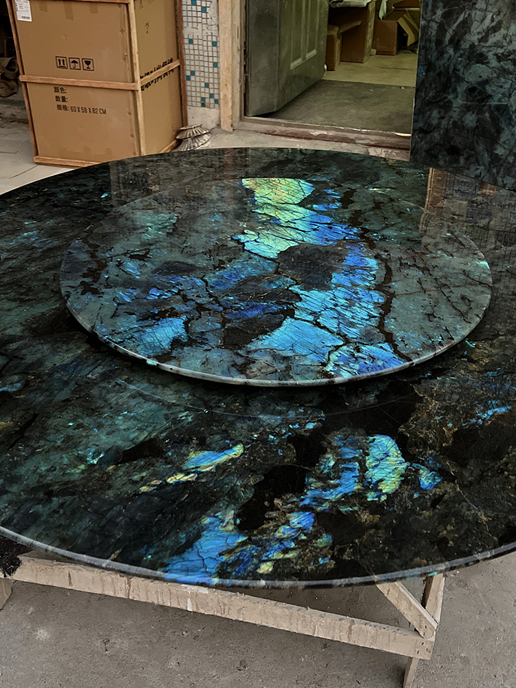 高级感蓝翡翠奢石圆形餐桌意式轻奢带转盘现代家用天然大理石 - 图1