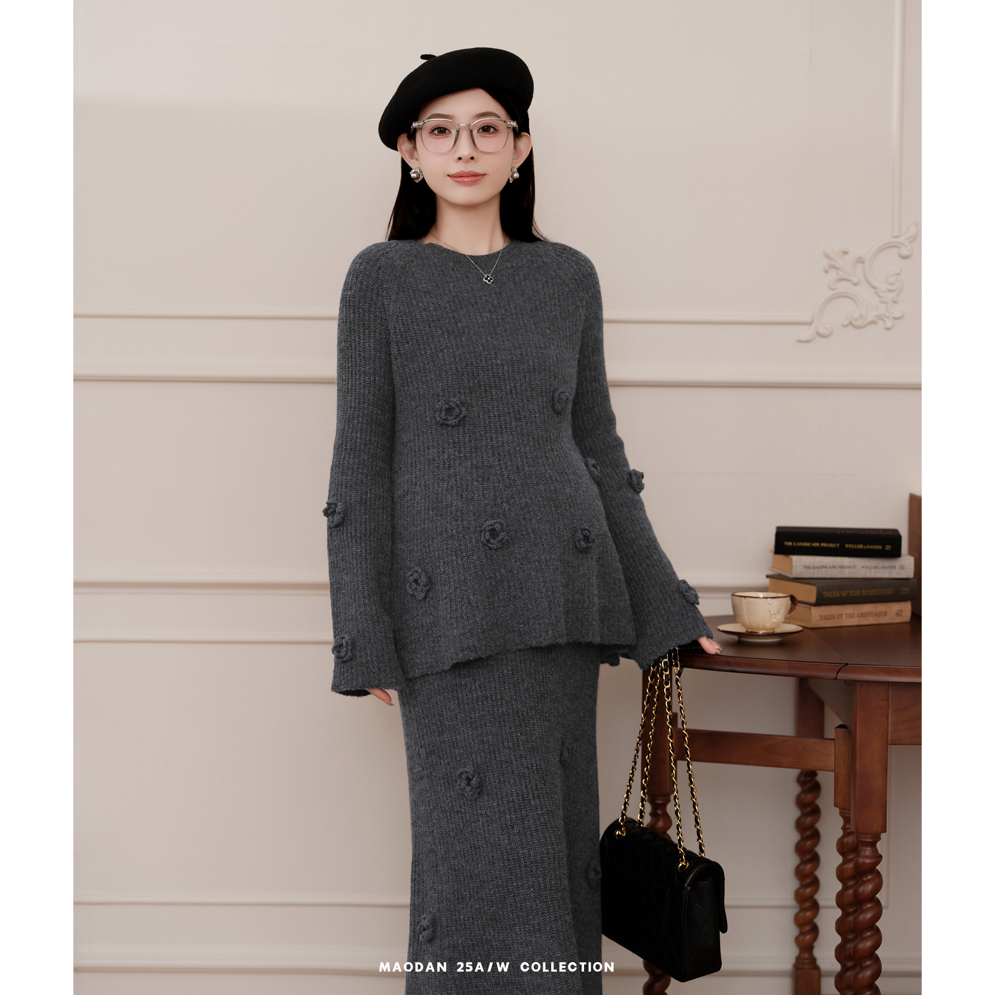 猫单【月音玫瑰】娜娜的孕期穿搭孕妇套装冬季新气质休闲毛衣半裙 - 图0