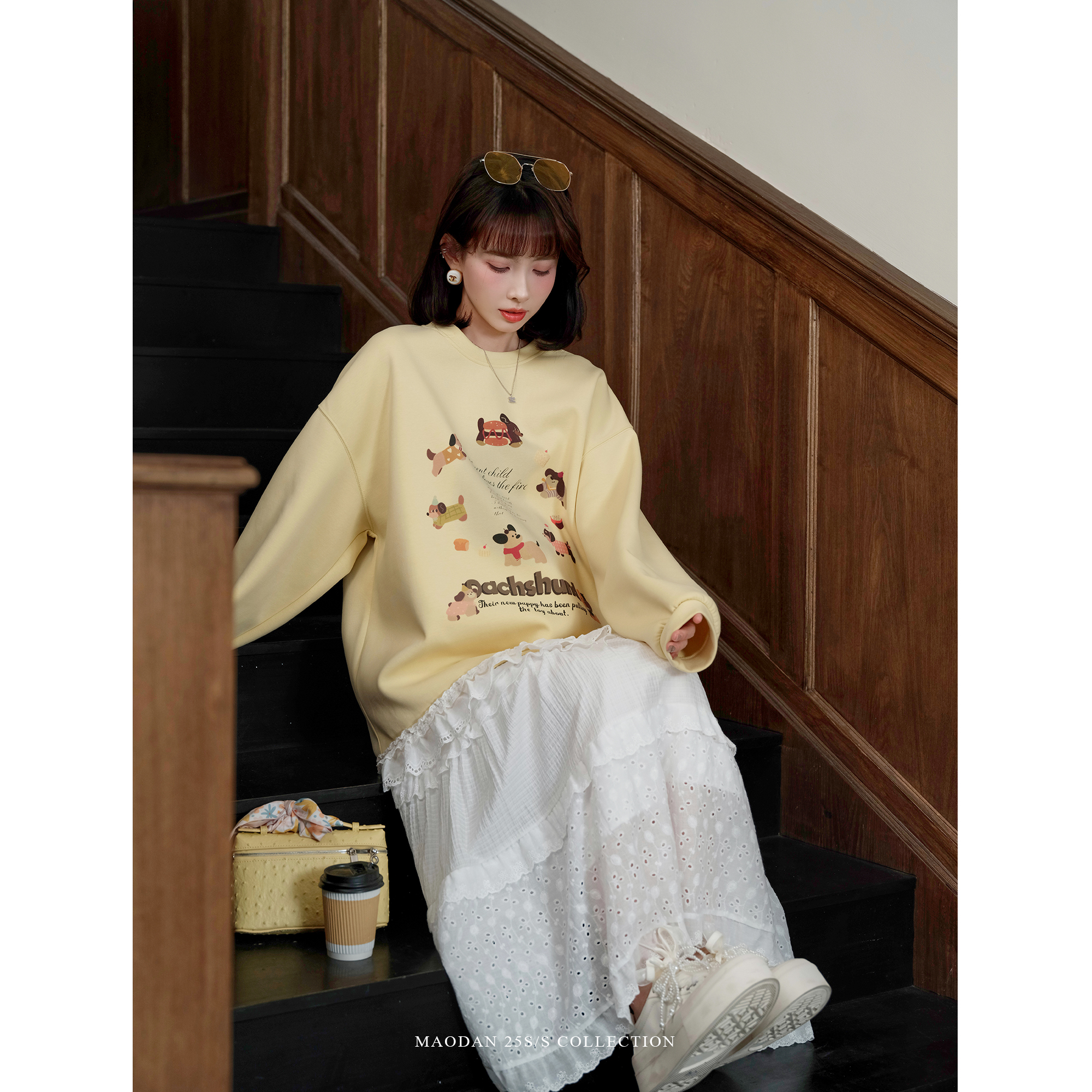 【柠檬巴克】娜娜的孕期孕妇装2025春装新款蕾丝拼接卫衣套装 - 图1