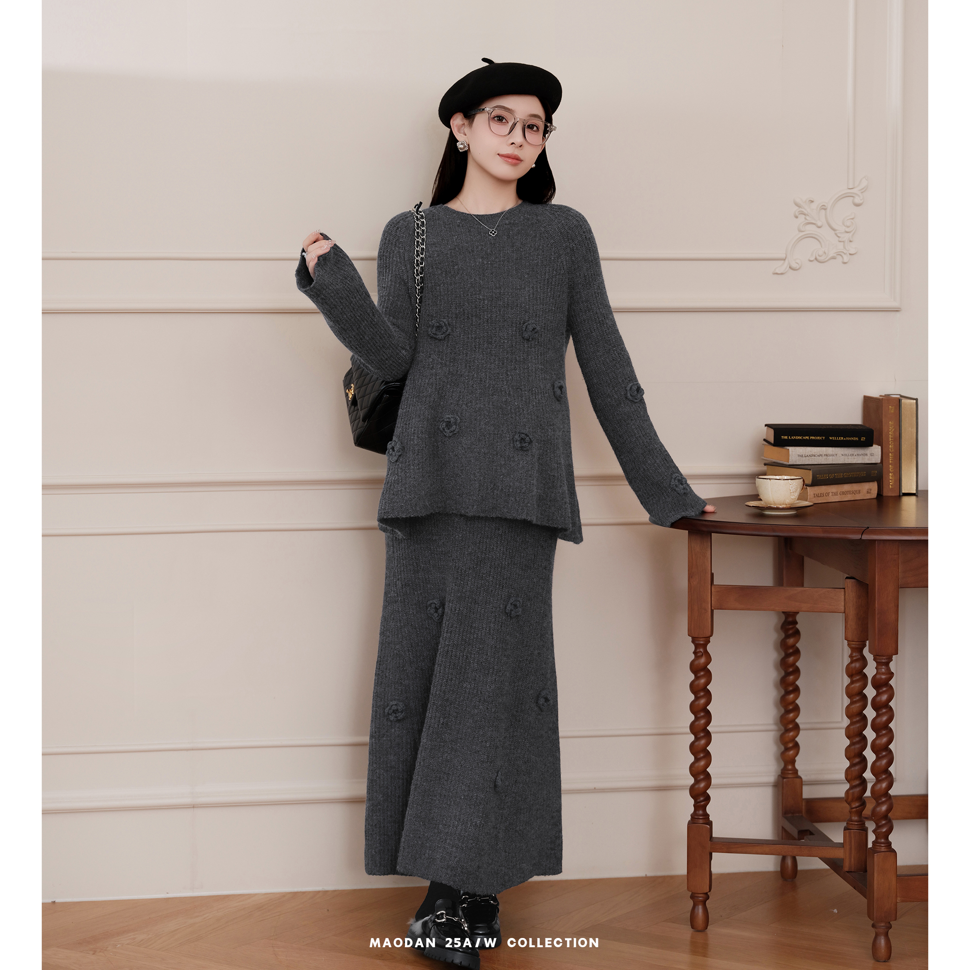 猫单【月音玫瑰】娜娜的孕期穿搭孕妇套装冬季新气质休闲毛衣半裙 - 图2