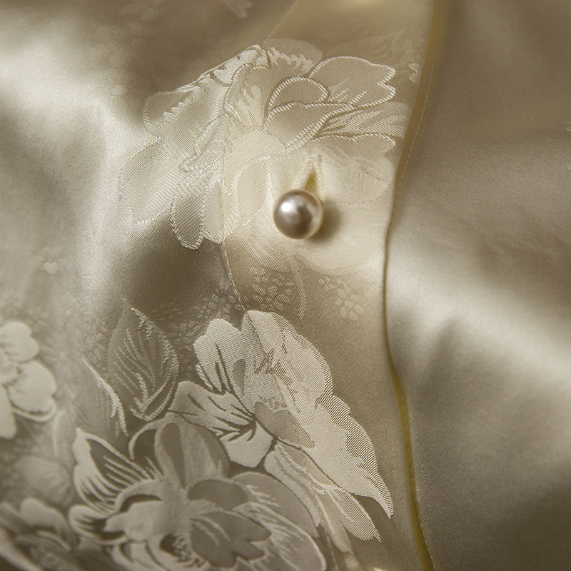 丝艺35姆米100%桑蚕丝重缎提花木耳边立领斜襟真丝国风长袖衬衫春,淘宝优惠券,粉丝福利购,淘宝优惠卷