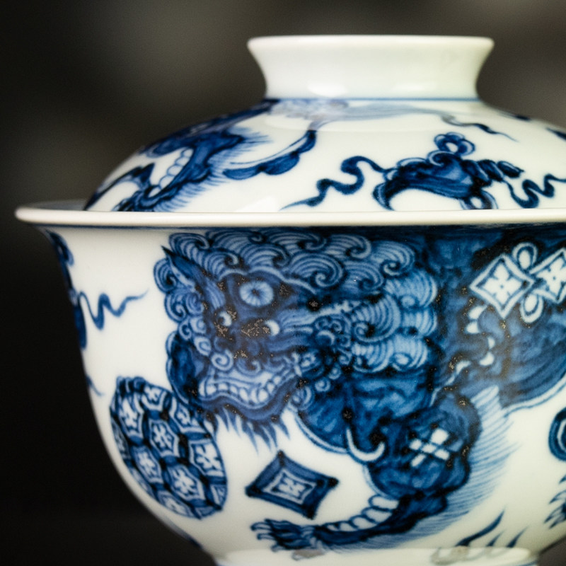 圣山仿元手绘青花双狮绣球陶瓷茶具盖碗套组景德镇手绘盖碗泡茶碗,淘宝优惠券,粉丝福利购,淘宝优惠卷