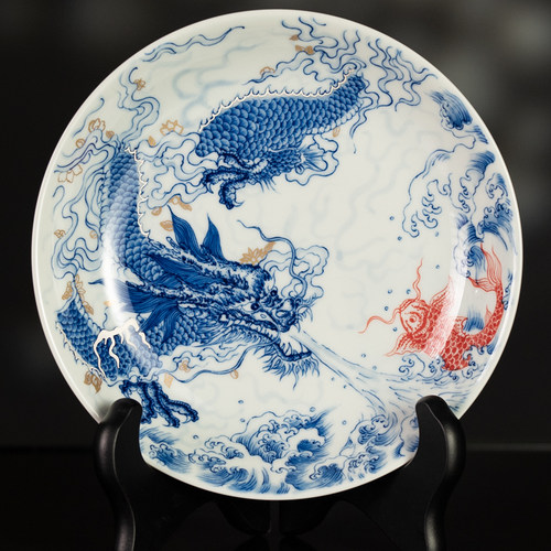 圣山景德镇仿古青花釉里红鱼化龙盖碗套组手工陶瓷茶具盖碗茶杯 - 图3