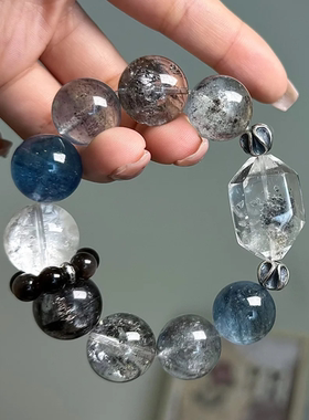 原创天然水晶闪灵晶中晶黑爆闪海蓝宝女款水晶手链【云顶之澜】