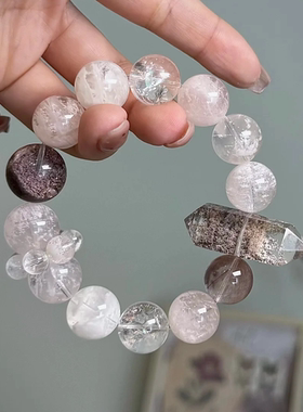 天然水晶紫粉幽灵粉兔毛雪花幽灵女款水晶手链礼物【绯红骑士】