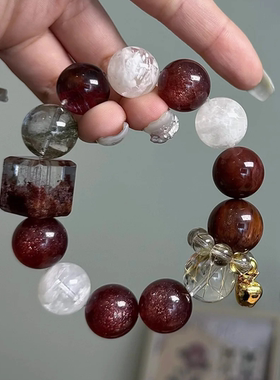 原创天然金发晶幽灵兔毛彩胶花雪花幽灵水晶手串手链【冬日奈奈】