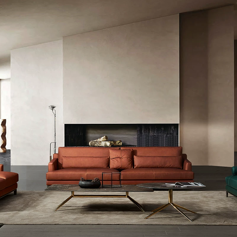 Elite minimalistic matte leather sofa with down stainless steel, cowhide