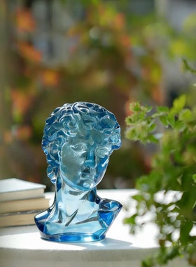 欧式蓝色玻璃大卫头像雕塑摆件